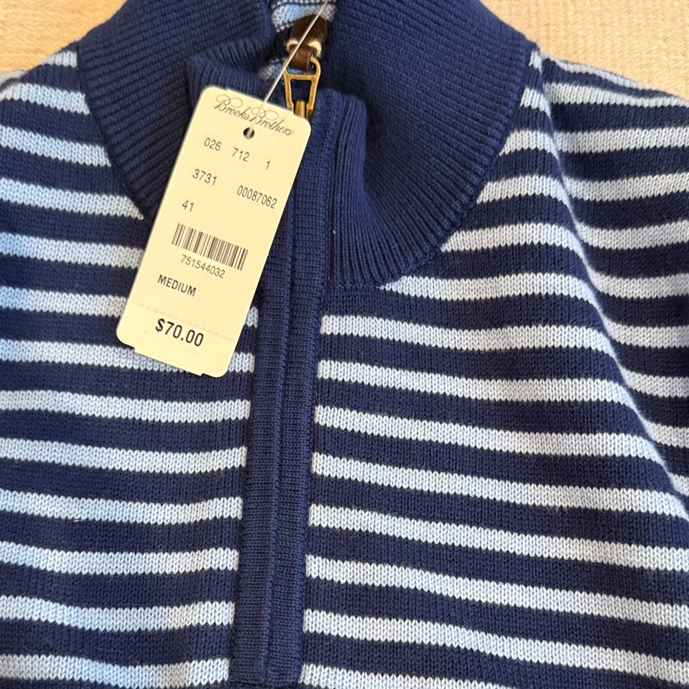Brooks Brothers Navy Sweater with Red and Light Blue Stripes, Quarter-Zip - Picture 3 of 4